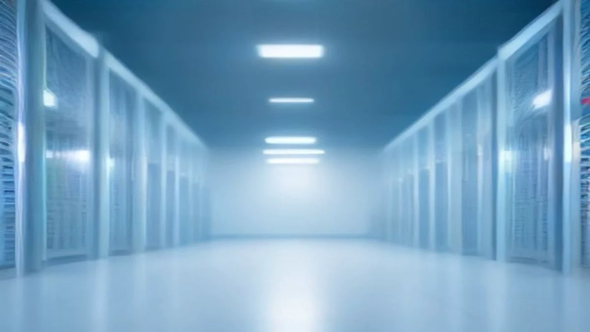Modern data centre aisle with white server racks and small blue indicator lights